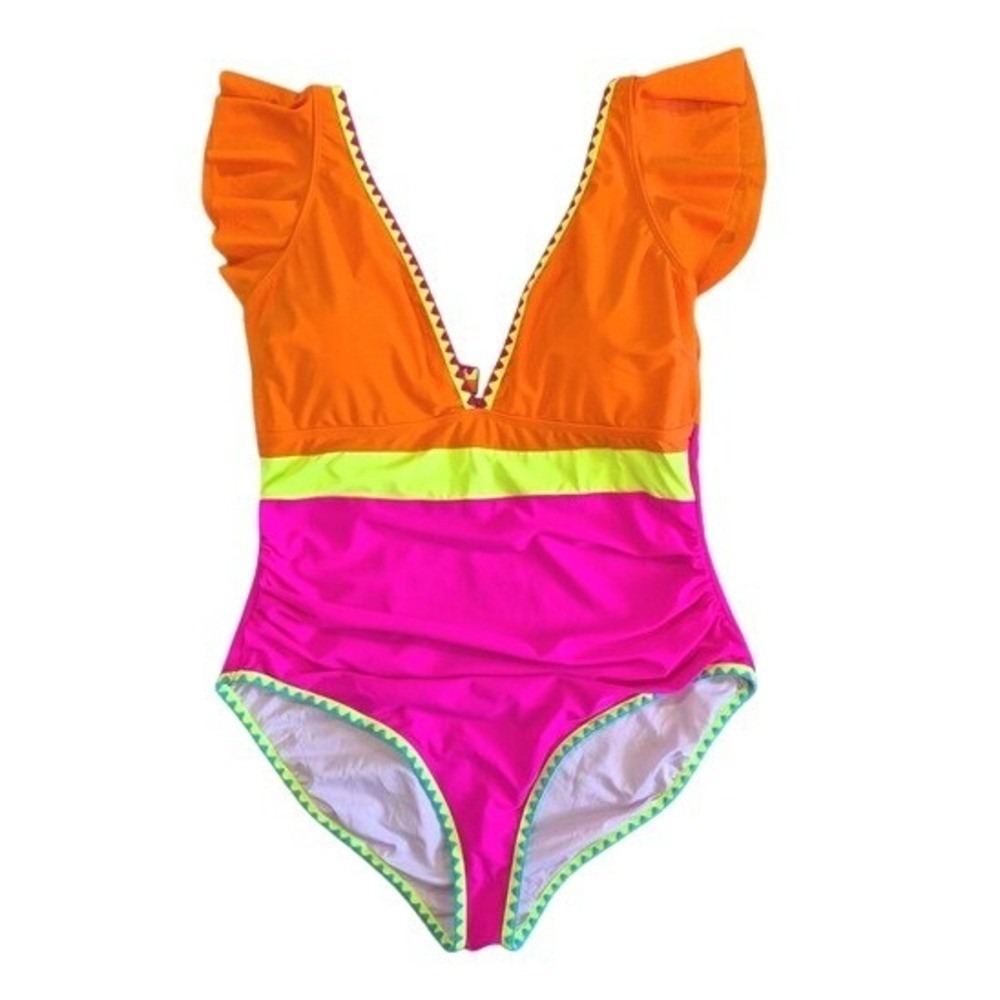 Aidonger Neon Ruffle Tummy‎ Control One Piece Swimsuit Pink Orange 2XL NWT